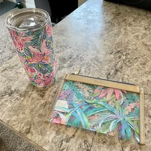 Lilly Pulitzer tumbler & cosmetic pouch.